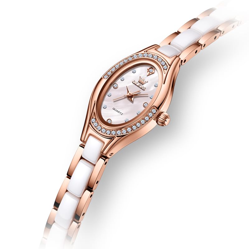 Image of OLEVS Women's Quartz Watches - Elegant Oval Diamond Dress Watch with Ceramic Band, 30M Waterproof Ladies Wrist Watch for Dress & Casual Wear (Rose Gold Blue /Red /Purple /White)
