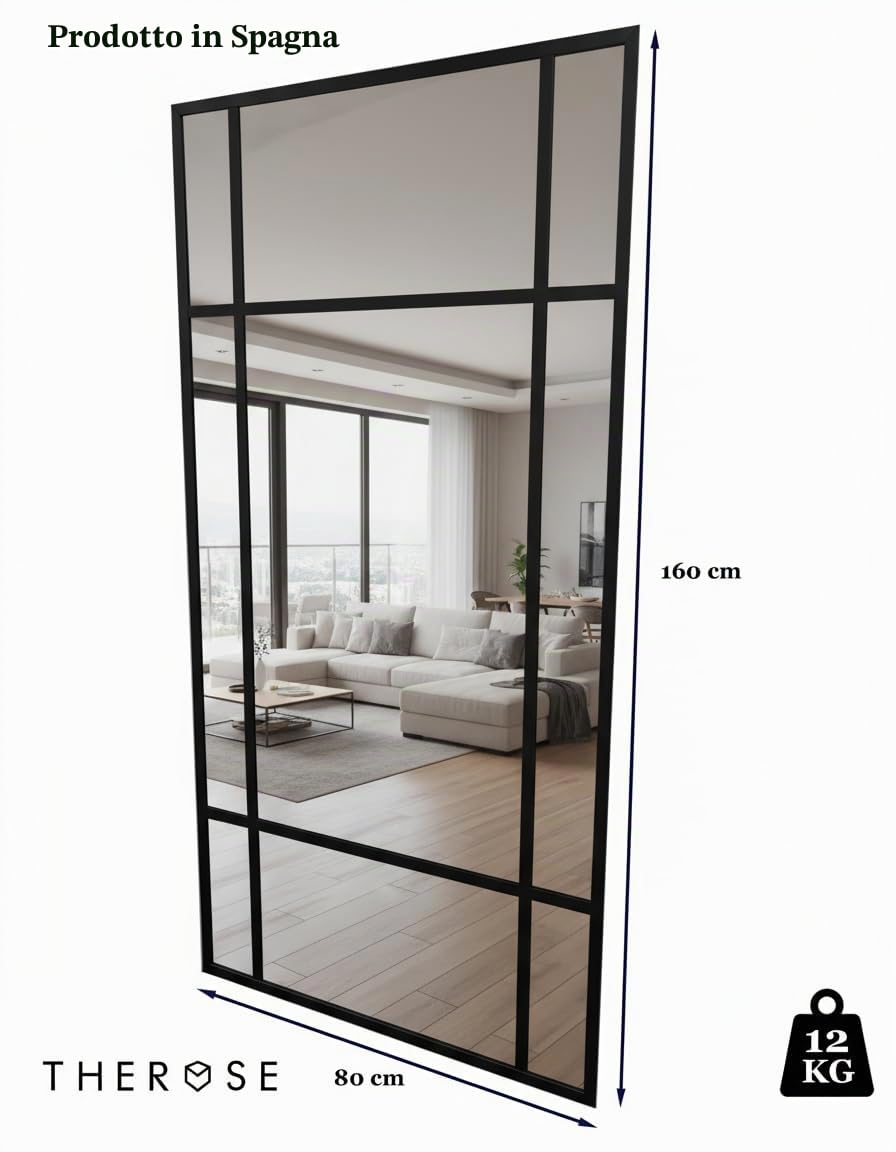 THEROSE Specchio industriale stile danes, alluminio, specchio finestra, 160 x 80 cm, spogliatoio, tester (nero)