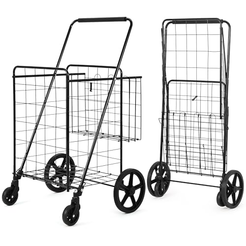 Large Folding Shopping Cart with Wheels, Rolling Foldable Grocery Cart with Double Basket, Portable Collapsible Utility Cart for Laundry, Luggage Camping, Locking Latch