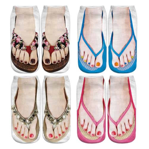 CULEO Calcetines de otras marcas, 4 pares de calcetines con estampado de uñas chanclas para mujer calcetines divertidos chanclas divertidas calcetines con estampado de sandalias