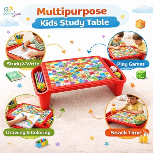 Image of Lightweight Multipurpose & Portable Plastic Table with Side Storage - Bed Tray, Study Desk, Breakfast & Eating Table for Kids (Red)
