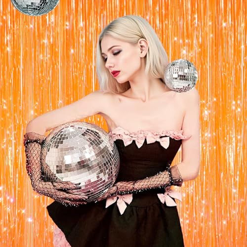 Image of GCB 2Pack Orange Fringe Curtain Party Streamers, Foil Fringe Backdrop Curtains for Birthday Decorations Wedding Graduation Bridal Baby Shower Tinsel Streamers Orange Party Decorations Door Streamer