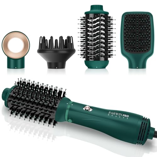 PARWIN PRO BEAUTY 4 en 1 Set de Peinado con 4 Accesorios, Cepillo Alisador, Moldeador, Volumen, Cuidado de Iones, 1000W (más verde) Set de Secador de Pelo
