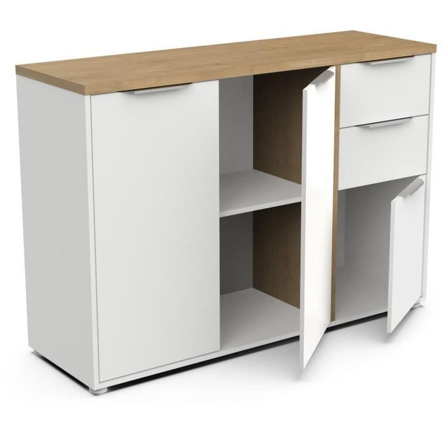 Aparador Moderno con 3 Puertas y 2 cajones – Estilo escandinavo – Color Blanco Mate y Roble Hamilton - 121,5 x 39,6 x 85,6 cm
