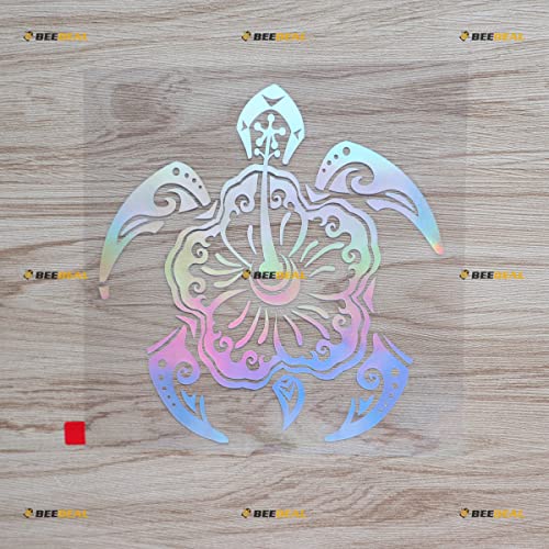 Autocollant holographique couleur irisée, 15,2 cm – Fleur d'hibiscus hawaïenne tortue tribale – pour voiture, bateau, ordinateur portable 05081 sans fond...