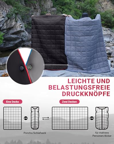 KingCamp Leichte Campingdecke, multifunktionale und warme Steppdecke mit Druckknopf, wasserabweisend, für Rucksack, Reisen, Flugzeug, Wandern, Picknick