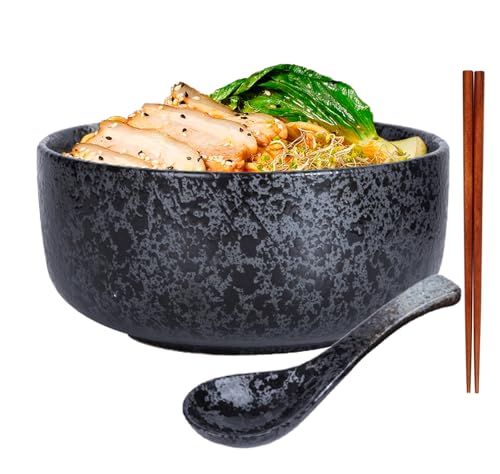 ZPPLD Porcelain Large Noodle Bowls,1000ml Ramen Bowl Set,Japanese Ceramic Bowl,Pasta Bowls with Spoon,Chopsticks,Soup Bowl, for Rice,Salad, Noodle (Black)