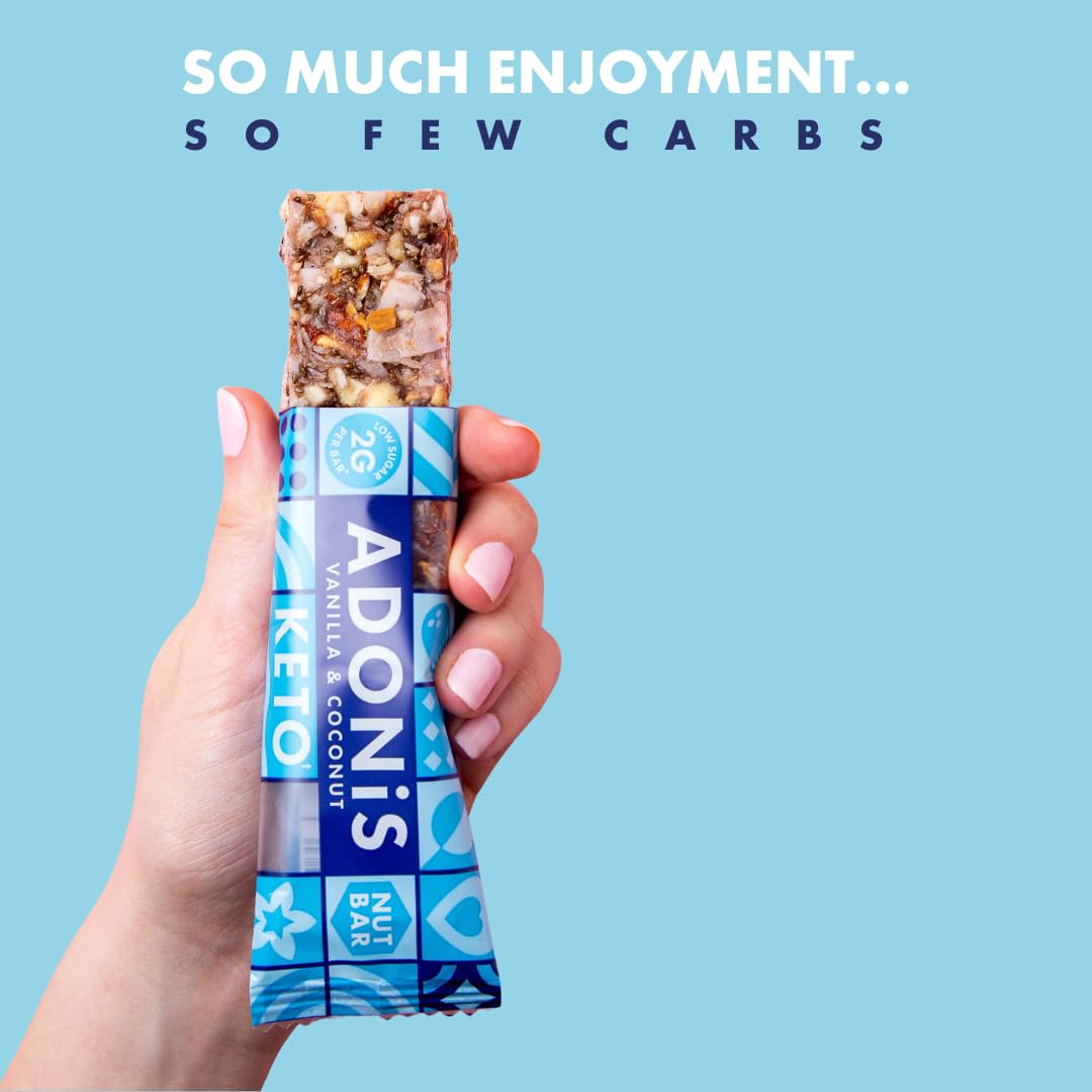 Adonis Keto Riegel Vanille- & Kokosnuss | 16x 35g | Keto Snacks | Vegan & 100% natürlich | Low Carb Bar und Low Sugar Snack | Perfect Keto-Diät Bars | Glutenfrei, ohne Zuckerzusatz (Vanille & Kokos)