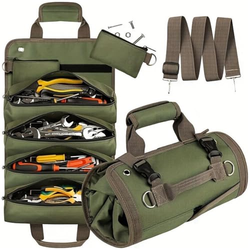 Roll Up Tool Bag, Tool pouch Tool Roll with 2 Small Detachable Zipper Pouches. The tool roll Compact Durable Tool Storage for Men, Perfect for Handyman, RV Owners, Dad Men Mechanic Birthday Gifts