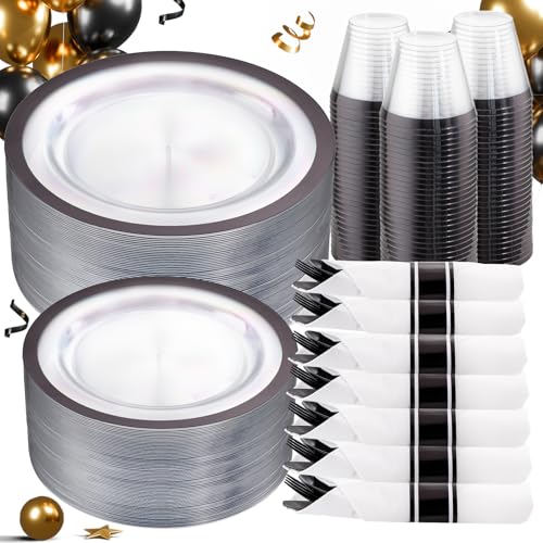 I00000 210 Pcs Clear and Black Plastic Plates, Halloween Disposable Dinnerware Set, Include 30 Dinner 30 Dessert Plates,30 Plastic Cups 9 OZ,30 Pre Rolled Napkins with Cutlery for New Year