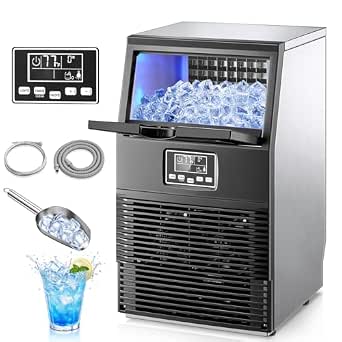 Commercial Ice Maker Machine, 70LBS/24H Freestanding & Undercounter Stainless Steel Ice Machine, 32 Cubes in 12-20 Mins, Adjustable Ice Thickness & Self-Cleaning for Home Bar Office Cafe