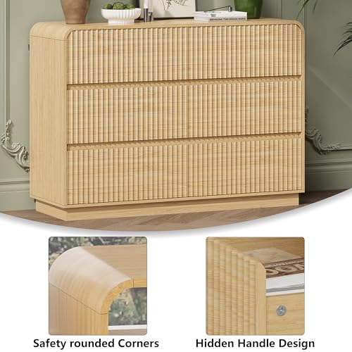 Image of Wodeer Oak Dresser Fluted 6 Drawers Dresser for Bedroom, 47 inch Wide Wood Chest of Drawers with Hidden Handles & Rounded Corners, Modern TV Stand Storage Cabinet for Living Room, Hallway, Entryway