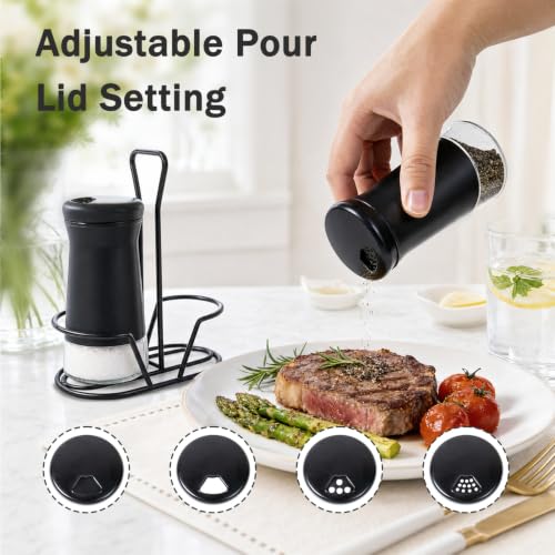 Image of Aelga Farmhouse Salt & Pepper Shakers with Holder & Adjustable Pour Holes, Refillable Salt Shaker for Himalayan, Kosher - Black