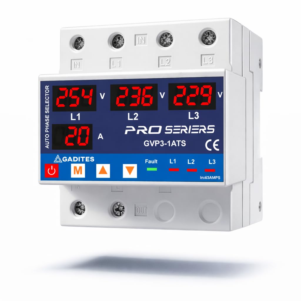 63a automatic phase selector, 3 phase to 1 phase auto changeover switch, over & under voltage protection, overload protection, digital display, din rail mount (63amps)