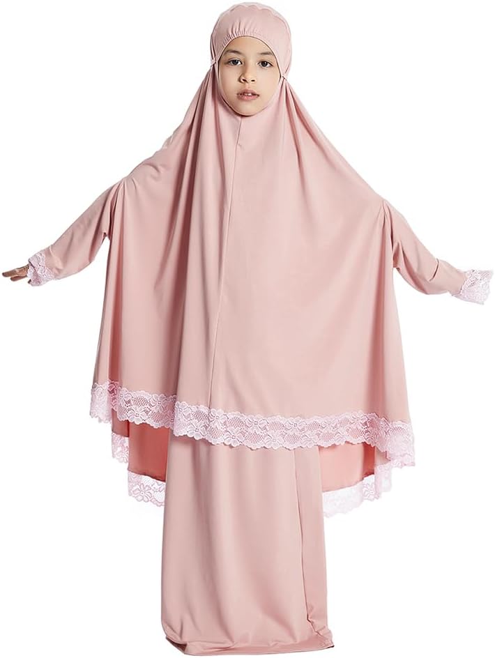 IBTOM CASTLE Little Girls Muslim Prayer Dress Abaya Long Sleeve Full Cover Lace Hijab Kaftan Dubai Islamic Modest Eid Jilbab