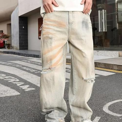 Men’S Punk Style Loose Fit Straight Leg Denim Street Pants Zipper Fly Midweight Full Length Trousers Pockets2