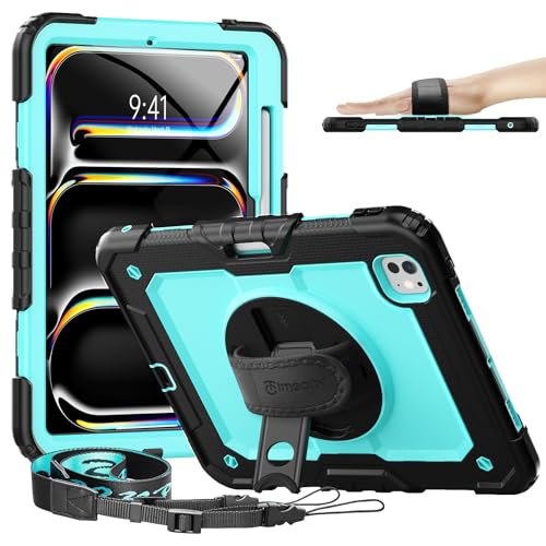 Timecity iPad Pro 11インチ ケース (第5世代) 2024新モデル 三層保護 耐衝撃 360°スタンド 画面フィルム ペン収納付き Pencil対応 横置き 縦置き バンド&ショルダー ストラップ 肩掛け 首掛け 現場 防塵 傷防止 タイピング 子供友好 便利 多機能 M4 iPad Pro 11インチ 2024 ケース (ライトブルー)