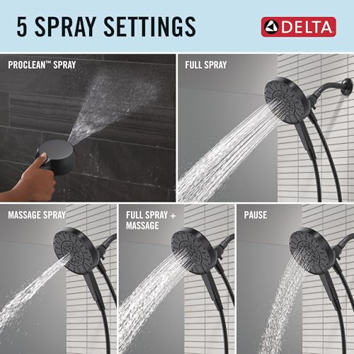 Image of Delta 5-Setting In2ition 2-in-1 Dual Shower Head with Handheld High Pressure ProClean Spray, Matte Black Detachable Shower Head with Hose, 1.75 GPM Flow Rate, Matte Black 75548BL