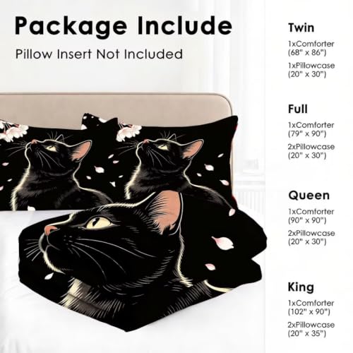 Image of Black Cat Comforter Set Full Size Cherry Blossom Bedding Set | Cute Pink Sakura Floral Print Bedding Set for Girls Women, 3 Pieces Soft Microfiber All Season Bed Set with Pillowcases