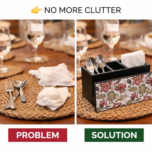 Image of Wooden Cutlery Stand Holder I Countertop Organizer - Spoon Fork Knife Napkin Tissue Paper I Home & Kitchen I Size 7 inch X 5 inch X 4 inch I Floral Fantasy, Multicolor