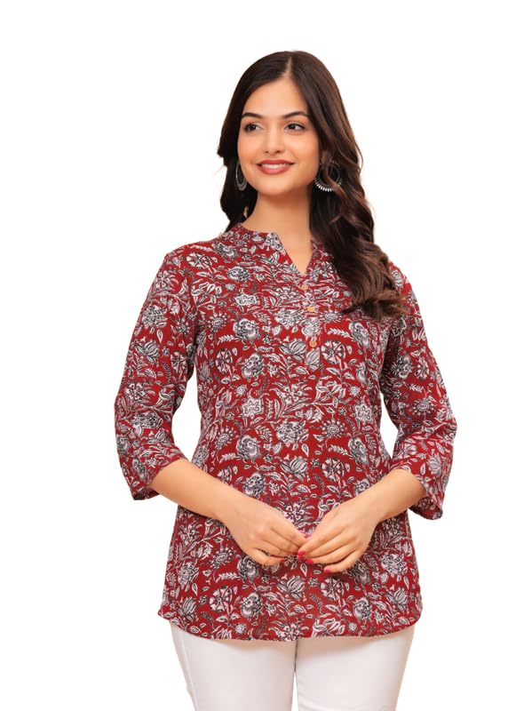 Image of Women's Cotton Printed Kurta Top | 3 /4 Sleeve Straight Kurti Casual Outings