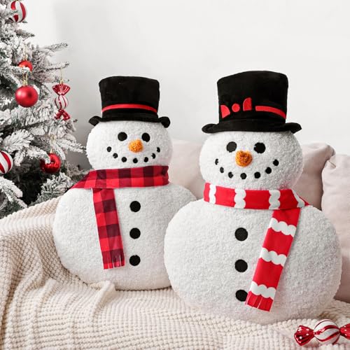 Christmas Decorations Plush Throw Pillows: Cute White Teddy Fleece Snowman with Red Scarfs Soft Stuffed Snowman Cushions Christmas Pillows Decor Indoor for Kids Home Sofa Bed Office Couch Living Room