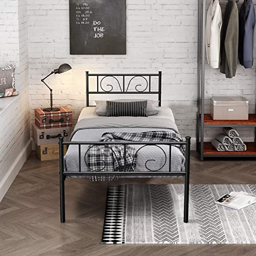 Twin Bed Frames Black For Boys Teenagers Adult, Single Platform Steel Bed Frame With Storage Girls Twin Size Beds Mattress Foundation Metal Slats Support With Headboard Footboard No Box Spring Needed #TOP3