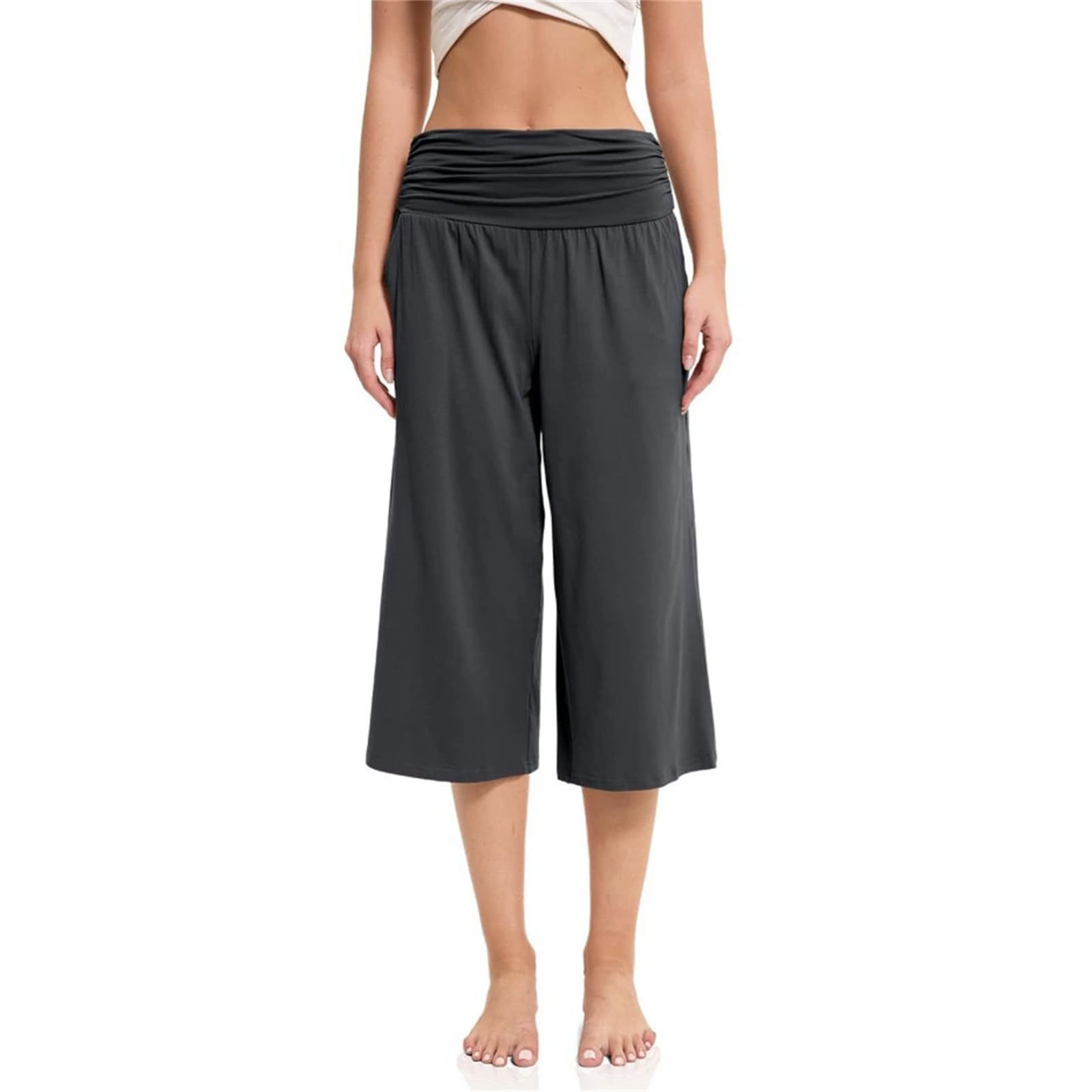 Pantalon Capri à Jambes Larges pour Femmes, Pantalon Lounge Palazzo Court avec Poches, Pantalon de Pyjama léger et Confortable