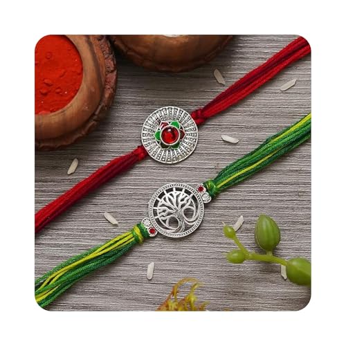 Image of eCraftIndia Unisex Adult Set Of 2 Peacock Feather Designer Rakhis For Brothers With Roli Chawal