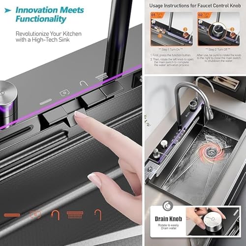 Image of EVANEX Kitchen Sink 30 inchx18 inchx9 inch Inch Piano Kitchen Sink Multifuctional LED Pannel & Digital Display 304 Grade Stainless Steel Black Finish with Integrated & Pull Down Faucet