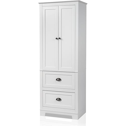 Karl home Bathroom Cabinet Tall Storage Cabinet, 1 Compartment with Doors & 2 Drawers, Kitchen Pantry Cabinet, Bookcase for Bathroom, Living Room, Kitchen, Home Office, 23.6" L x 15.7" W x 62.2" H