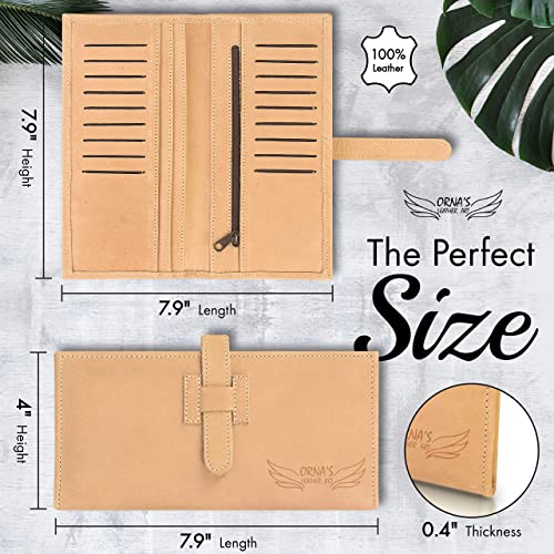 ORNA'S LEATHER ART GOLDFINCH SAND WALLET: Women’s Tan Billfold, Stylish, Handcrafted, Real Cowhide, Spacious, 18 Card Holders, 6 Money Pockets, Strap2