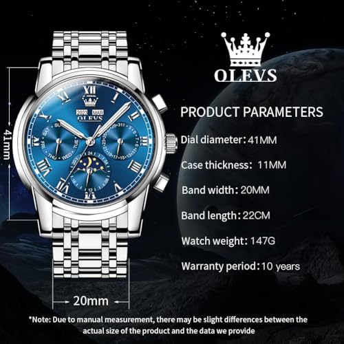 Image of OLEVS Mens Automatic Watch Mechanical Self Winding Luxury Business Dress Moon Phase Stainless Steel Calendar Wrist Watches for Men Waterproof Luminous