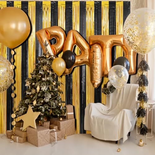 Image of Crosize 3 Pack 3.3 x 9.9 ft Black & Gold Foil Fringe Curtains Party Decorations, Black & Gold Tinsel Curtain Backdrop for Parties, Door Streamers, Glitter Streamer Backdrop for Birthday Decoration