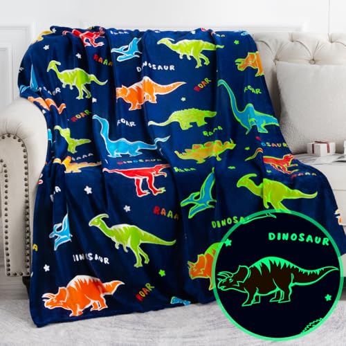 Image of Dinosaur Toys Gifts for Boys Girls - Glow in The Dark Dino Blanket Best Christmas Birthday Valentines Easter Decor Presents for Kids Adults Women Mom Dad Child Teen Son Nephew Soft Plush Throw 60 inchx80 inch