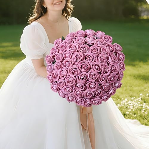 Image of 50 PCS Roses Artificial Flowers, Realistic Fake Roses with Long Stems Silk Flowers for DIY Wedding Bouquet Party Celebration Home Bridal Baby Shower Decoration Birthday Gift for Her Wife, Dusty Rose