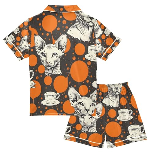 senya Retro Style Cats and Coffee Satin Summer Pajama Sets Silk Short Sleeve Button Down Sleepwear2