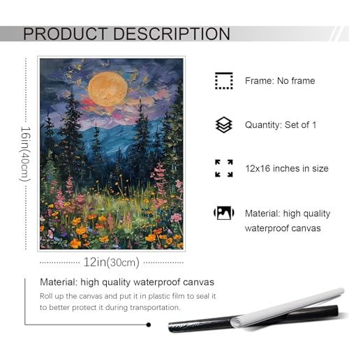 Yuaruo Vintage Full Moon Above The Wildflowers Canvas Wall Art, Mystical Midnight Woodland Art Print Poster, Retro Flowers And Trees Nature Oil Painting, Dark Forest Landscape 12X16In Unframed thumb #5