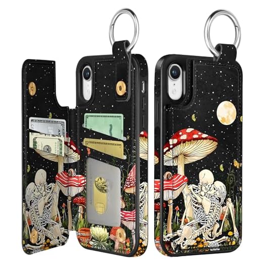 Shorogyt Compatible with iPhone XR Wallet Case with Card Holder - Designer Mushroom Skull Pattern Kickstand Magnetic Clasp Back Flip Folio Leather Phone Covers for Women Men Girls