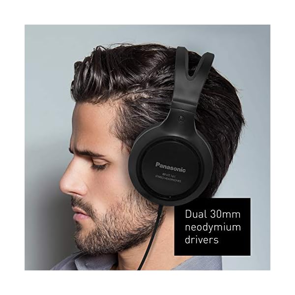 Panasonic-Full-Sized-Lightweight-Long-Cord-Headphones--RP-HT161-K-Black Panasonic Headphones, Lightweight Over the Ear Wired Headphones with Clear Sound and XBS for Extra Bass, Long Cord, 3.5mm Jack for Phones and Laptops – RP-HT161-K (Black)