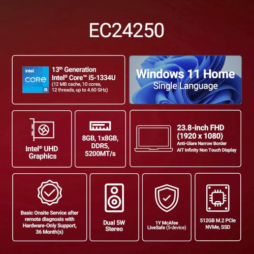 Image of Dell 24 AIO, 13th i5-1334U, 8GB RAM DDR5 512GB SSD,Intel Graphics, 23.8 inch FHD AG,IPS, 99% SRGB|Win 11+MSO'24+O365, Molded Speaker Grill|Intel WiFi 6e, 5MP Pop-Up IR Camera