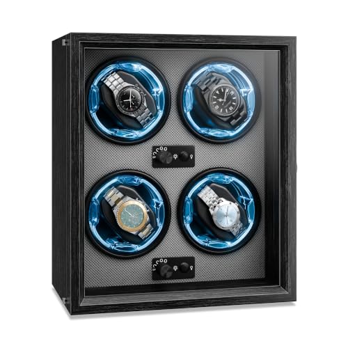 Image of Klarstein Brienz 6 Watch Winders - Quiet Watch Winder for 6 Watches, in Wood Look with 4 Rotation Modes & LED Lighting, Memory Foam Cushion, USB Operated