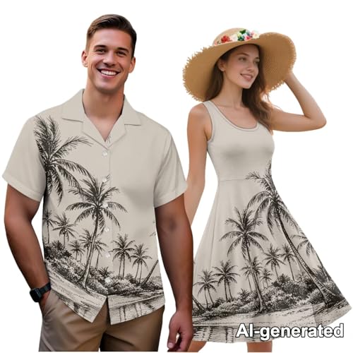 Image of Hawaii Matching Couple Outfits Husband and Wife Clothing Fashionable Mens Casual Shirts Hawaii Dress with Soft Fabric