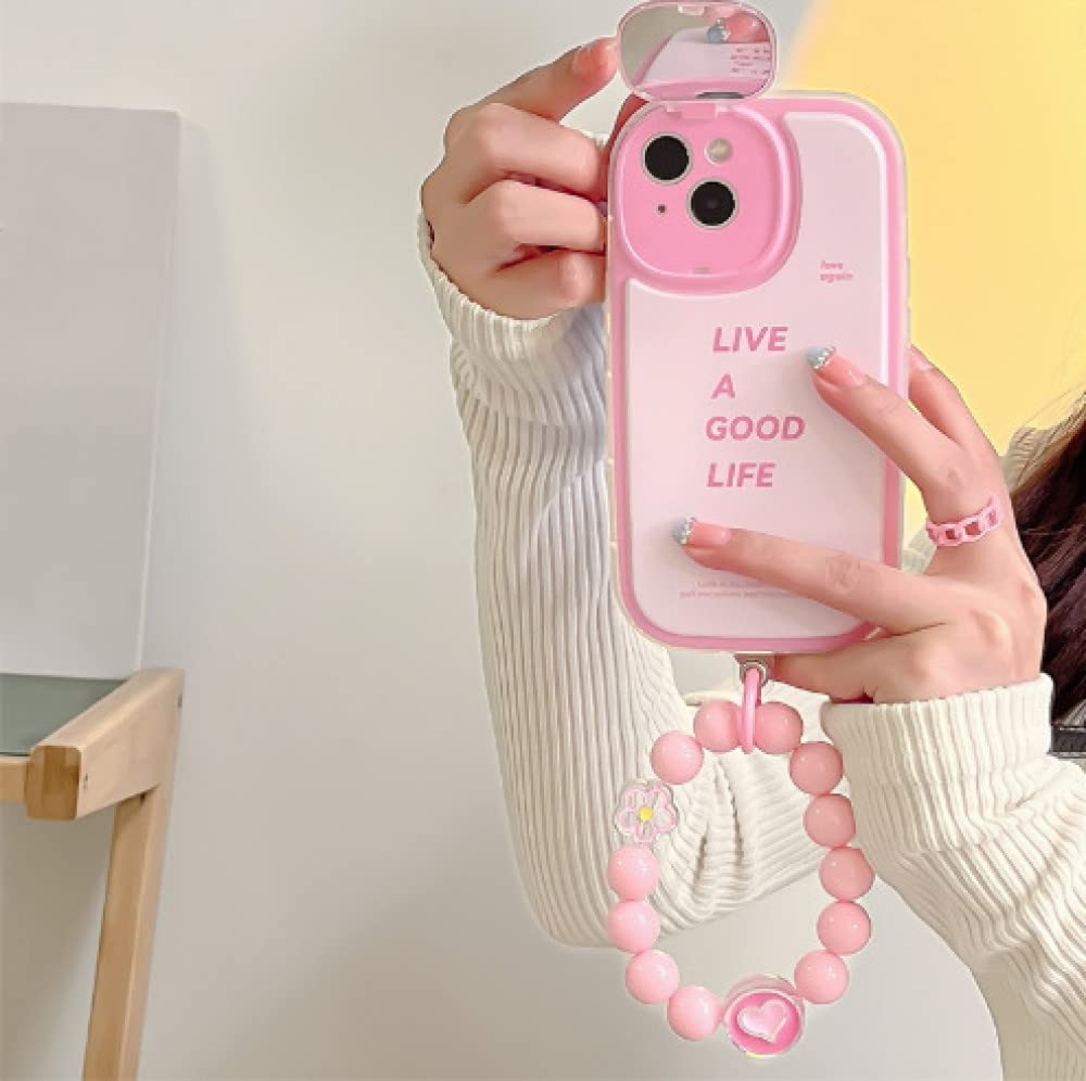 Coque iPhone XS Max avec miroir de maquillage et bracelet perles rose chic