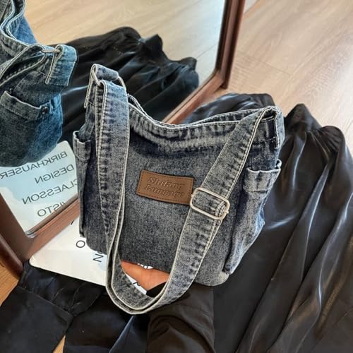 Bolso hobo de mezclilla para mujer - Bolso bandolera retro de gran capacidad con diseño liso, bolso cruzado versátil miniatura 2