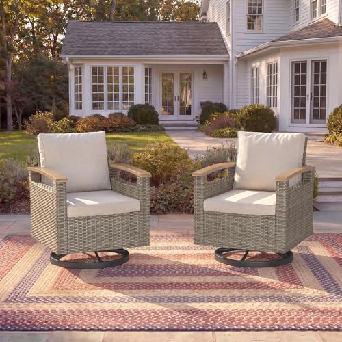 MELLCOM 2PCS Patio Swivel Rocking Chairs, Outdoor Wicker Furniture Set with Extra Thick Cushion for Porch, Deck, Yard