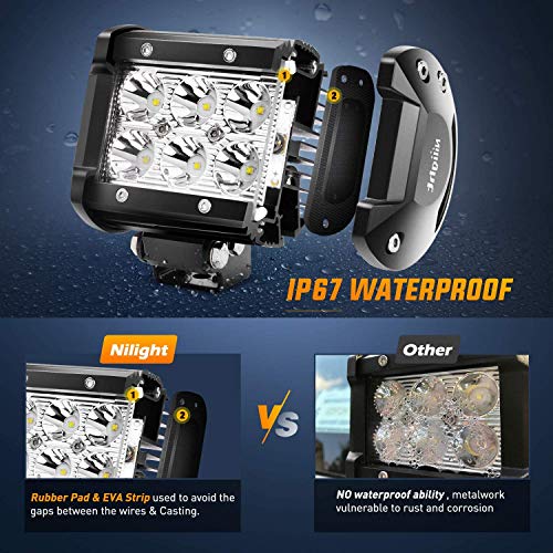 Image of Nilight 52Inch Led Light Bar Spot Flood 2Pcs 18W 4Inch Spot LED Pods Windshield Frame Mounting Bracket on Wrangler JK 2007-2017 with Off Road Wiring Harness- 3 Leads