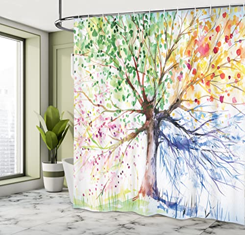 Ambesonne SC_3389_EXTRALONG Tree Shower Curtain Bathroom Accessories Set Watercolor Style Tree With Colorful Blooming Branches 4 Seasons Theme Cloth Fabric thumb #3