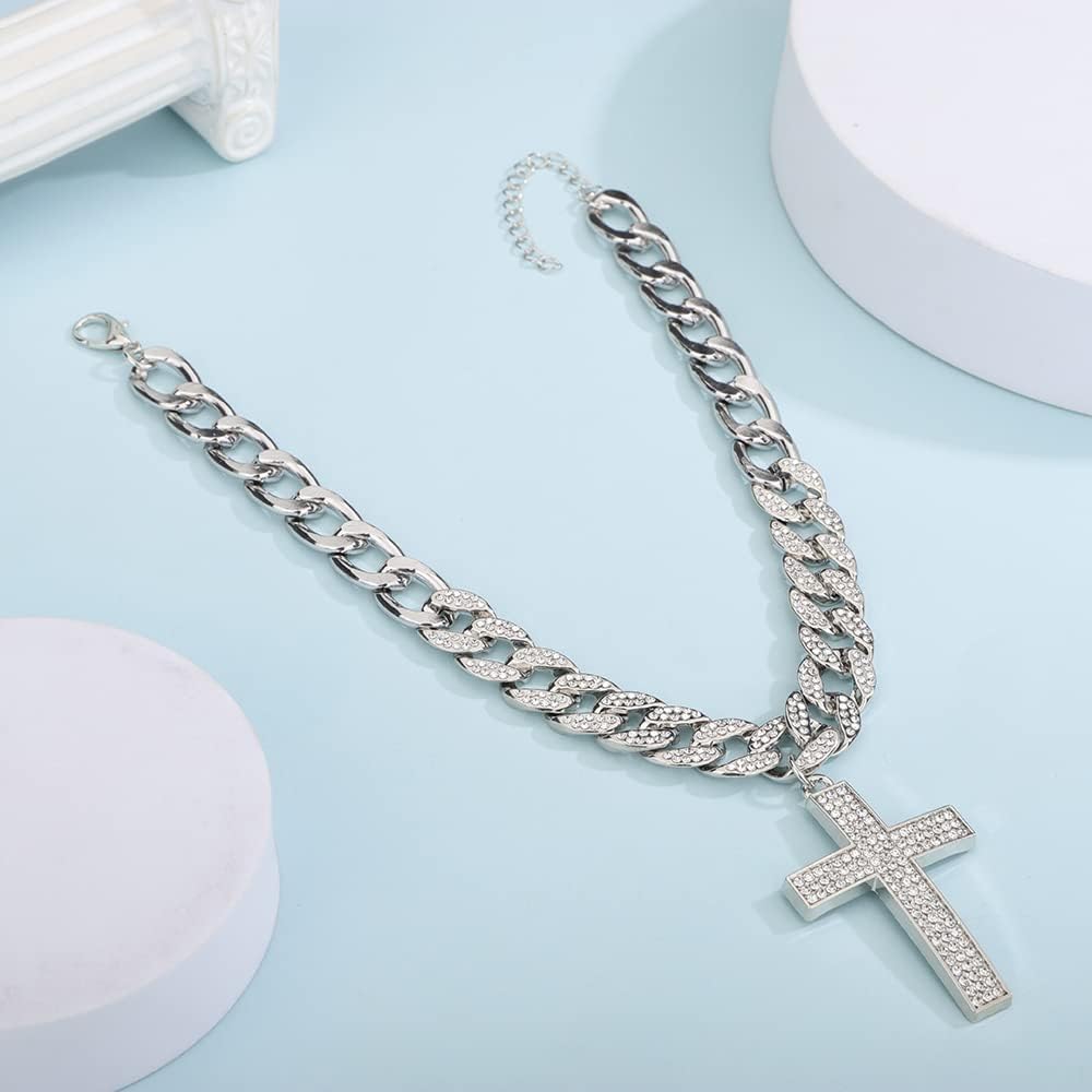 Octwine Boho Vintage Rhinestones Chunky Necklace Silver Chain Choker Cross Pendant Collar Punk Trendy Necklace for Women - Image 5