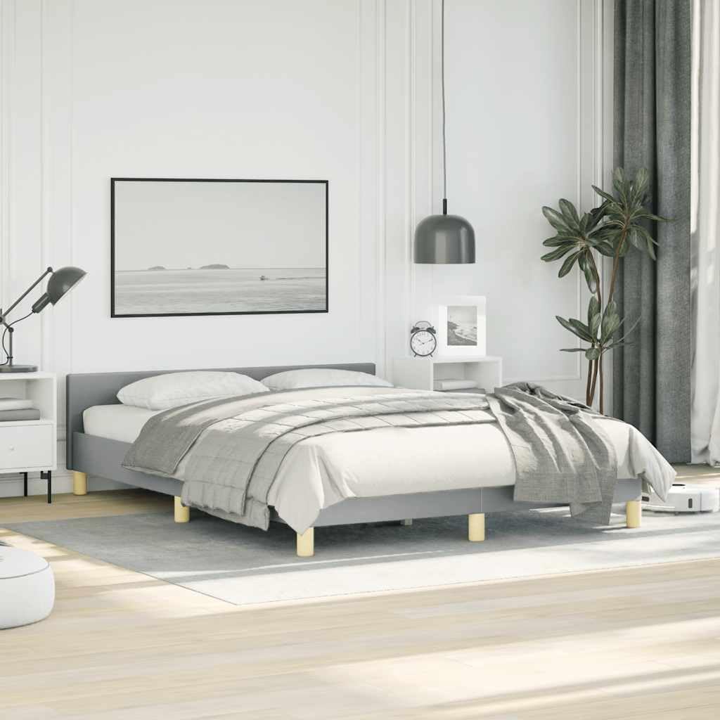 Light Grey Polyester Bed Frame with Headboard Queen Size Platform Foundation Sturdy Slatted Durable Furniture for Modern Minimalist Bedroom Mattress Support